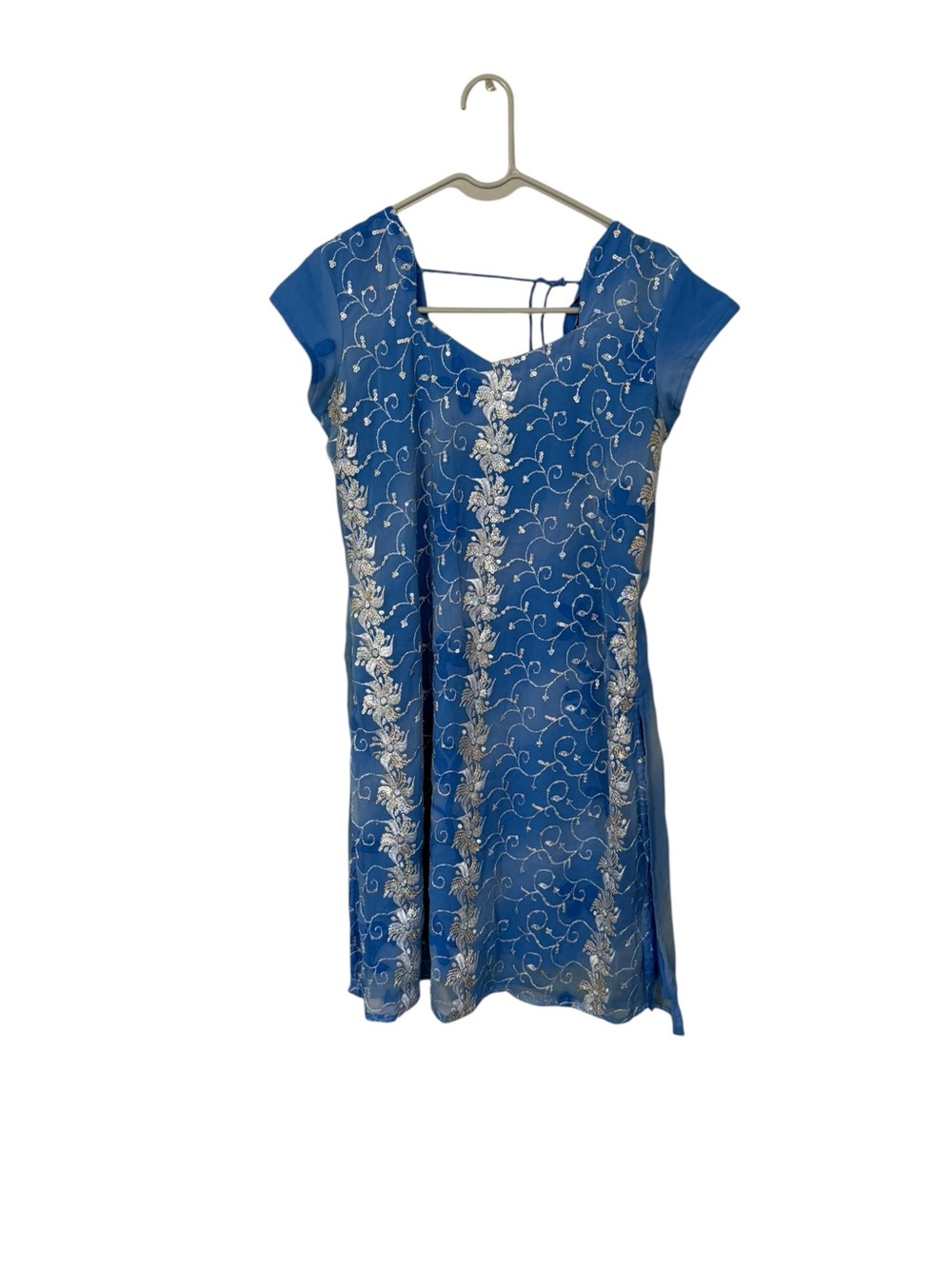Blue Embroidered Short Sleeve Dress